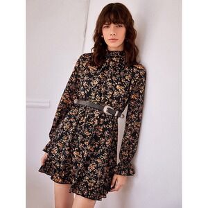 Black Floral Long Sleeve Mock Neck Smocked Waist Mini Dress XS Whimsical Gothic